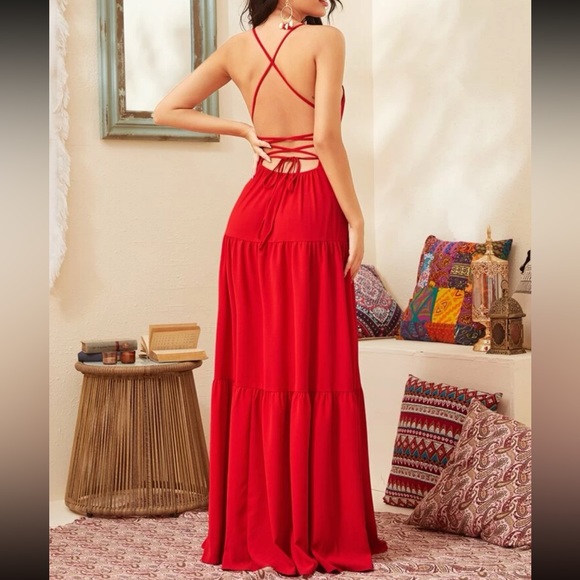 Red lace up back ruffle hem cami maxi dress - Picture 3 of 6